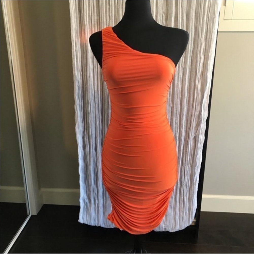 Missguided Orange Asymmetrical Ruched Mini Dress